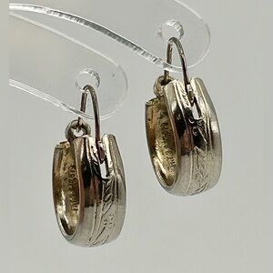 Small Floral Engraved Silver Tone Hoop Earrings—maybe sterling and vintage?